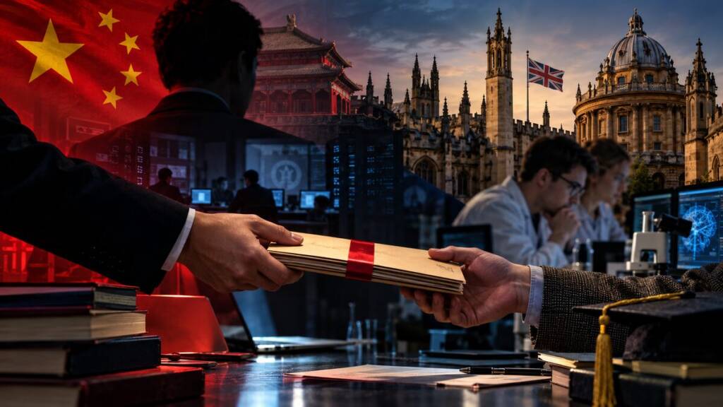 Chinese espionage network depicted through covert academic funding, with British researchers, university laboratories, surveillance technology and a concealed exchange of research materials.