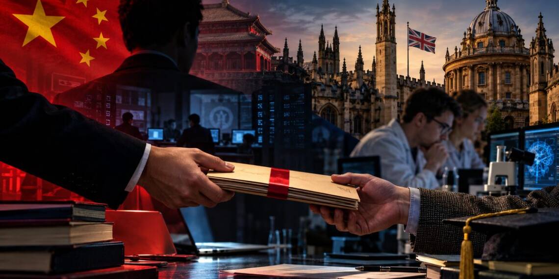 Chinese espionage network depicted through covert academic funding, with British researchers, university laboratories, surveillance technology and a concealed exchange of research materials.
