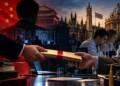 Chinese espionage network depicted through covert academic funding, with British researchers, university laboratories, surveillance technology and a concealed exchange of research materials.