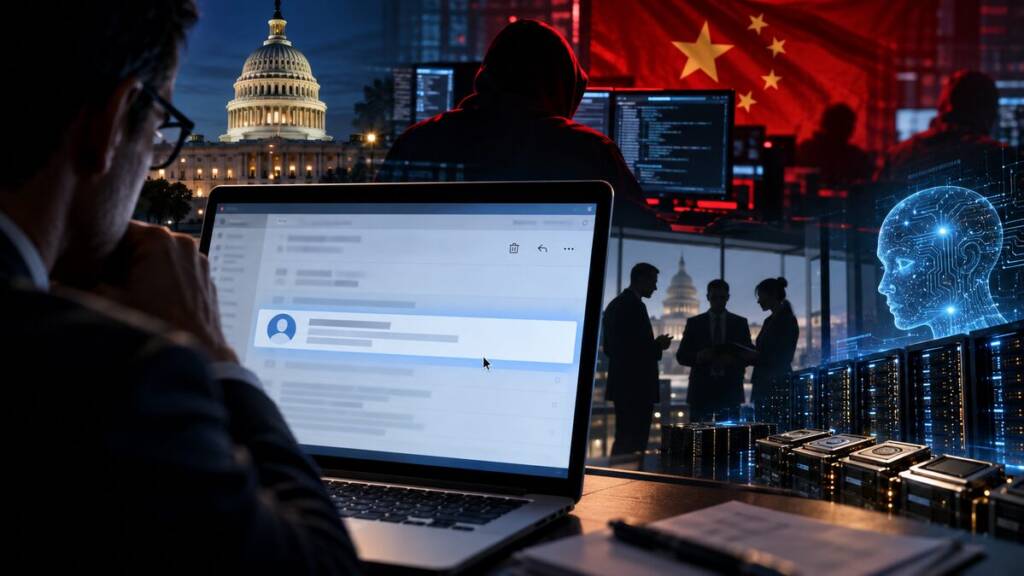 Chinese hackers impersonated Anthropic employee in a cyber-espionage campaign targeting US AI policy experts, with a laptop, Capitol building, Chinese flag, servers and AI imagery symbolising the theft of sensitive artificial intelligence secrets.
