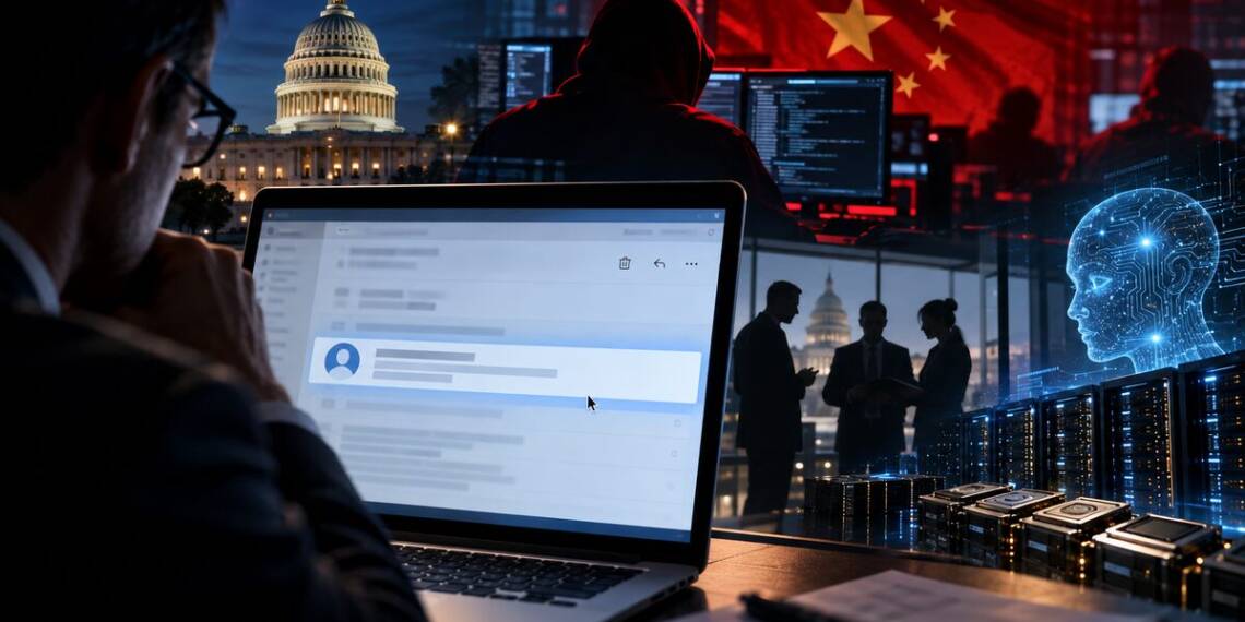 Chinese hackers impersonated Anthropic employee in a cyber-espionage campaign targeting US AI policy experts, with a laptop, Capitol building, Chinese flag, servers and AI imagery symbolising the theft of sensitive artificial intelligence secrets.