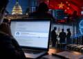 Chinese hackers impersonated Anthropic employee in a cyber-espionage campaign targeting US AI policy experts, with a laptop, Capitol building, Chinese flag, servers and AI imagery symbolising the theft of sensitive artificial intelligence secrets.