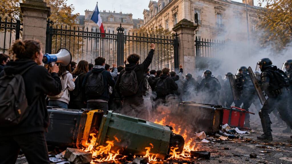 France school protests outside a Paris school, with student demonstrators facing riot police amid smoke, flames, and barricades.