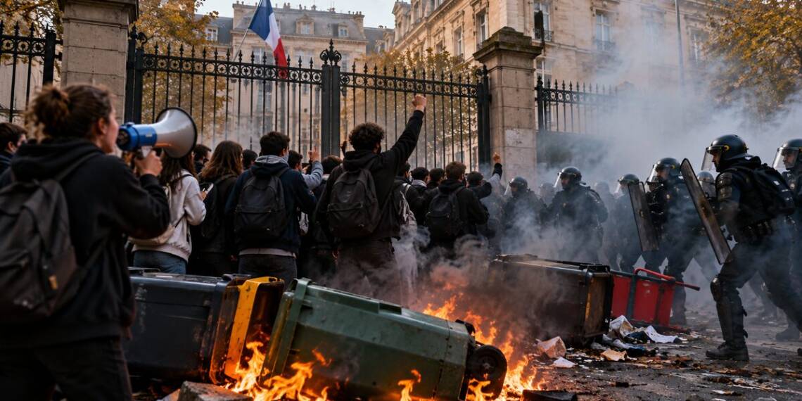 France school protests outside a Paris school, with student demonstrators facing riot police amid smoke, flames, and barricades.