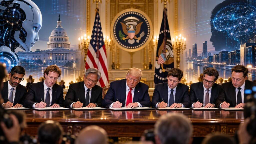 Donald Trump and technology executives sign an AI safety agreement at the White House, surrounded by US symbols and futuristic artificial intelligence imagery, including a humanoid robot, neural networks and data centres.