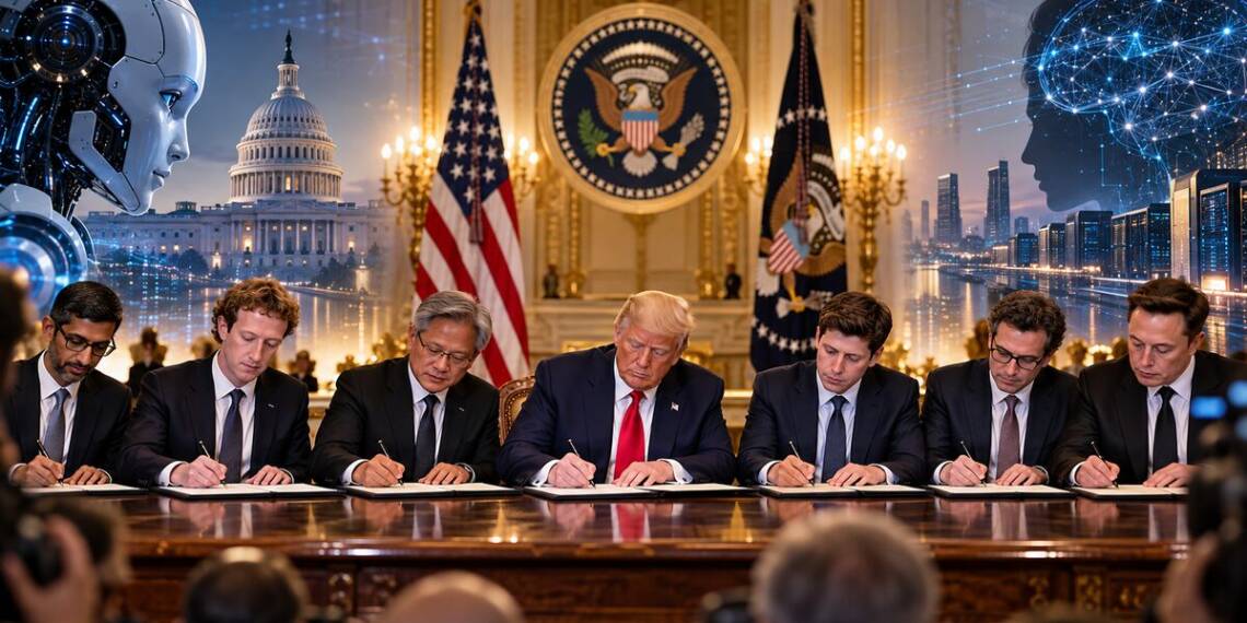 Donald Trump and technology executives sign an AI safety agreement at the White House, surrounded by US symbols and futuristic artificial intelligence imagery, including a humanoid robot, neural networks and data centres.