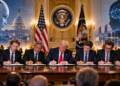 Donald Trump and technology executives sign an AI safety agreement at the White House, surrounded by US symbols and futuristic artificial intelligence imagery, including a humanoid robot, neural networks and data centres.