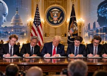 Donald Trump and technology executives sign an AI safety agreement at the White House, surrounded by US symbols and futuristic artificial intelligence imagery, including a humanoid robot, neural networks and data centres.