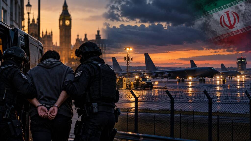 Police officers detain a suspect near a secured airbase as bombers sit on the runway, illustrating the RAF Fairford plot and its wider security implications.