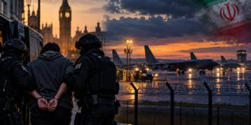 Police officers detain a suspect near a secured airbase as bombers sit on the runway, illustrating the RAF Fairford plot and its wider security implications.