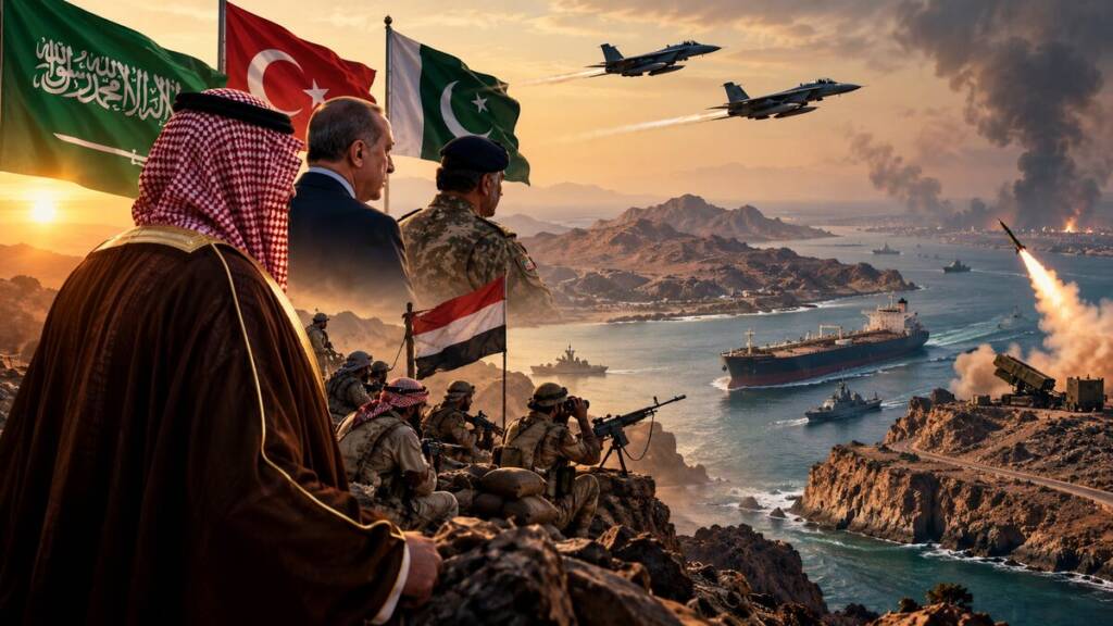 Saudi Houthi offensive with Saudi, Turkish and Pakistani military forces overlooking a conflict zone near the Red Sea.