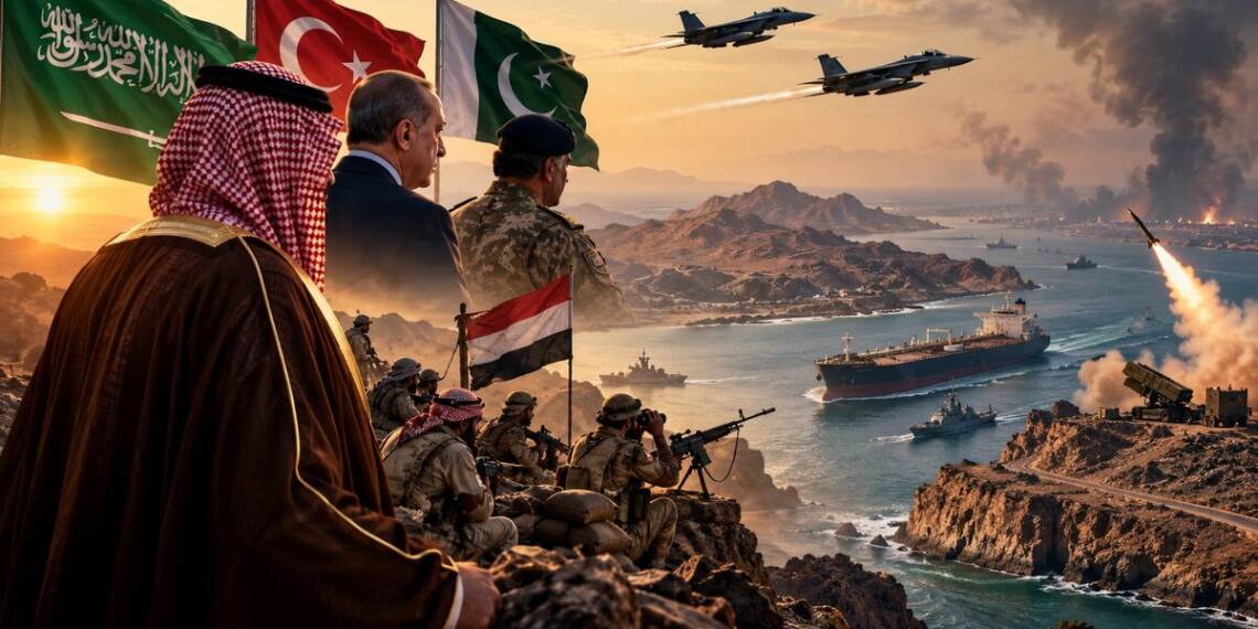 Saudi Houthi offensive with Saudi, Turkish and Pakistani military forces overlooking a conflict zone near the Red Sea.