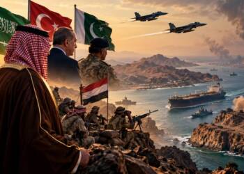Saudi Houthi offensive with Saudi, Turkish and Pakistani military forces overlooking a conflict zone near the Red Sea.