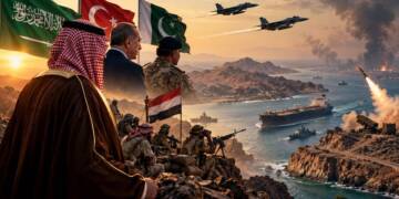Saudi Houthi offensive with Saudi, Turkish and Pakistani military forces overlooking a conflict zone near the Red Sea.