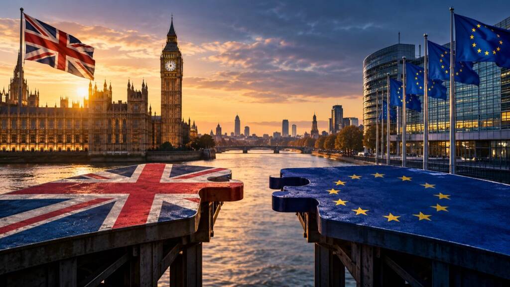 UK Parliament and European Union institutions facing each other across the River Thames, symbolising the debate over UK rejoining EU.