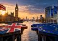UK Parliament and European Union institutions facing each other across the River Thames, symbolising the debate over UK rejoining EU.