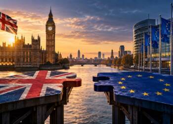 UK Parliament and European Union institutions facing each other across the River Thames, symbolising the debate over UK rejoining EU.
