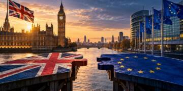 UK Parliament and European Union institutions facing each other across the River Thames, symbolising the debate over UK rejoining EU.