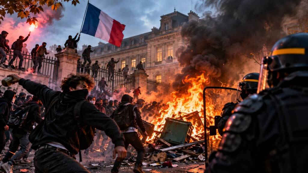 France student protests erupt outside a French school as demonstrators confront riot police amid flames, smoke and street unrest.