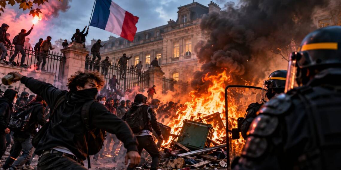 France student protests erupt outside a French school as demonstrators confront riot police amid flames, smoke and street unrest.