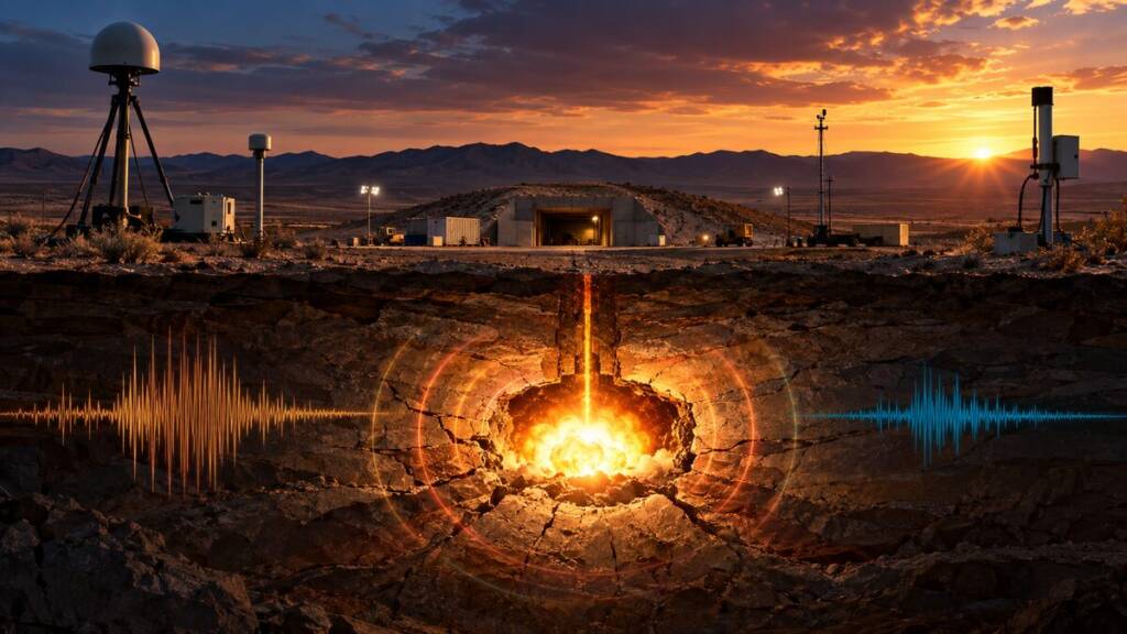 Cutaway view of a Nevada desert test site showing underground chemical explosion, seismic waves and monitoring sensors used to detect low-yield nuclear tests. Nulcear Blast detection
