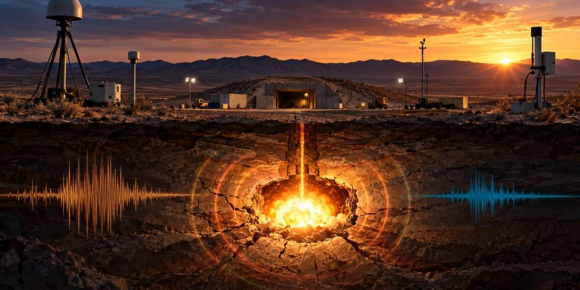 Cutaway view of a Nevada desert test site showing underground chemical explosion, seismic waves and monitoring sensors used to detect low-yield nuclear tests. Nulcear Blast detection