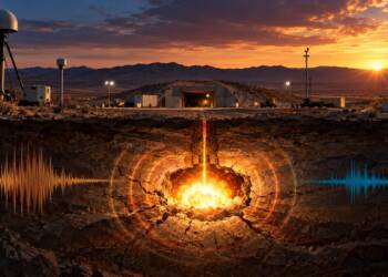 Cutaway view of a Nevada desert test site showing underground chemical explosion, seismic waves and monitoring sensors used to detect low-yield nuclear tests. Nulcear Blast detection
