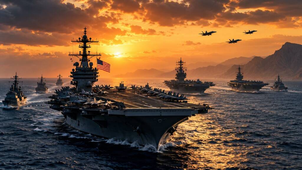 US aircraft carriers and escort warships sail in formation at sunset, depicting a third carrier strike group heading towards Iran.