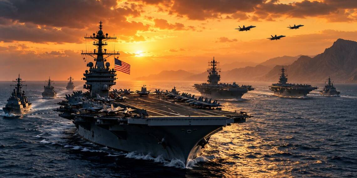 US aircraft carriers and escort warships sail in formation at sunset, depicting a third carrier strike group heading towards Iran.