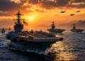 US aircraft carriers and escort warships sail in formation at sunset, depicting a third carrier strike group heading towards Iran.