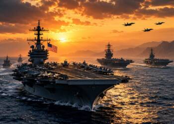 US aircraft carriers and escort warships sail in formation at sunset, depicting a third carrier strike group heading towards Iran.