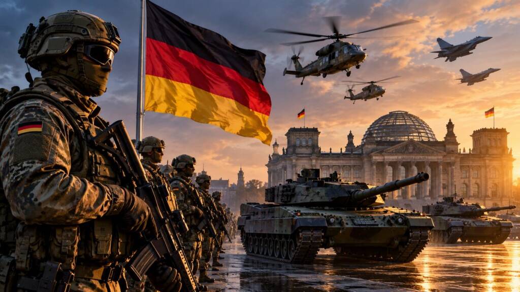 Why Germany is rearming, with Bundeswehr soldiers, Leopard tanks, military aircraft and helicopters against the backdrop of Berlin.