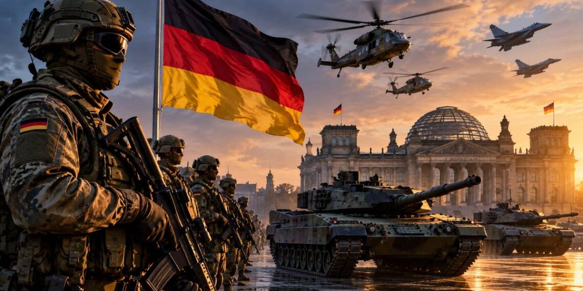 Why Germany is rearming, with Bundeswehr soldiers, Leopard tanks, military aircraft and helicopters against the backdrop of Berlin.