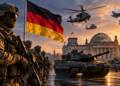 Why Germany is rearming, with Bundeswehr soldiers, Leopard tanks, military aircraft and helicopters against the backdrop of Berlin.