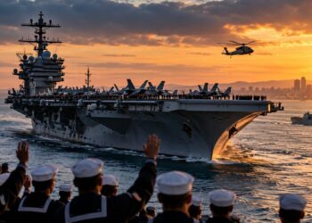 USS Abraham Lincoln deployment showing a US aircraft carrier returning from an extended deployment at sunset, escorted by naval vessels and aircraft.