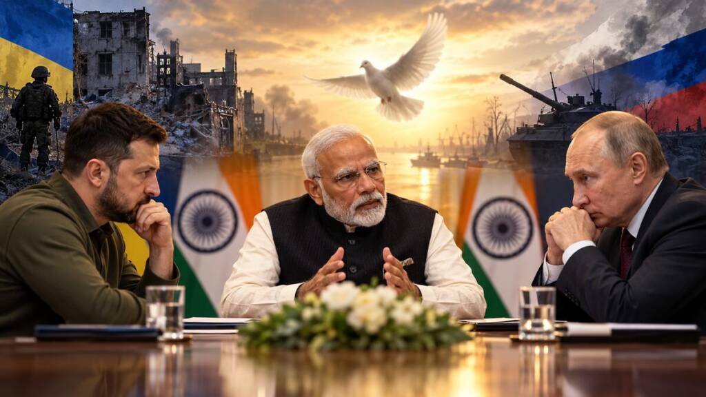 India's ceasefire proposal for ending the Ukraine war, with Indian, Ukrainian and Russian leaders discussing peace amid scenes of conflict and diplomacy.