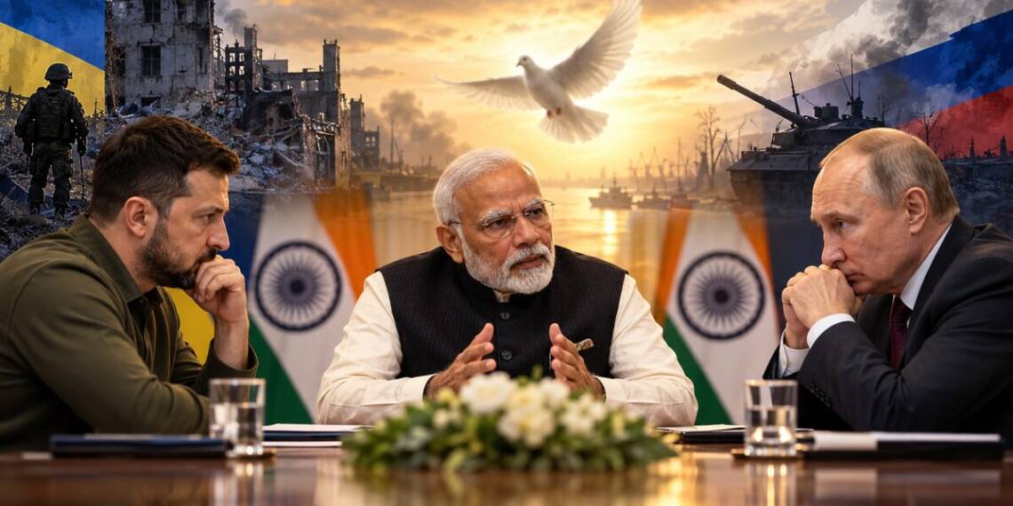 India's ceasefire proposal for ending the Ukraine war, with Indian, Ukrainian and Russian leaders discussing peace amid scenes of conflict and diplomacy.