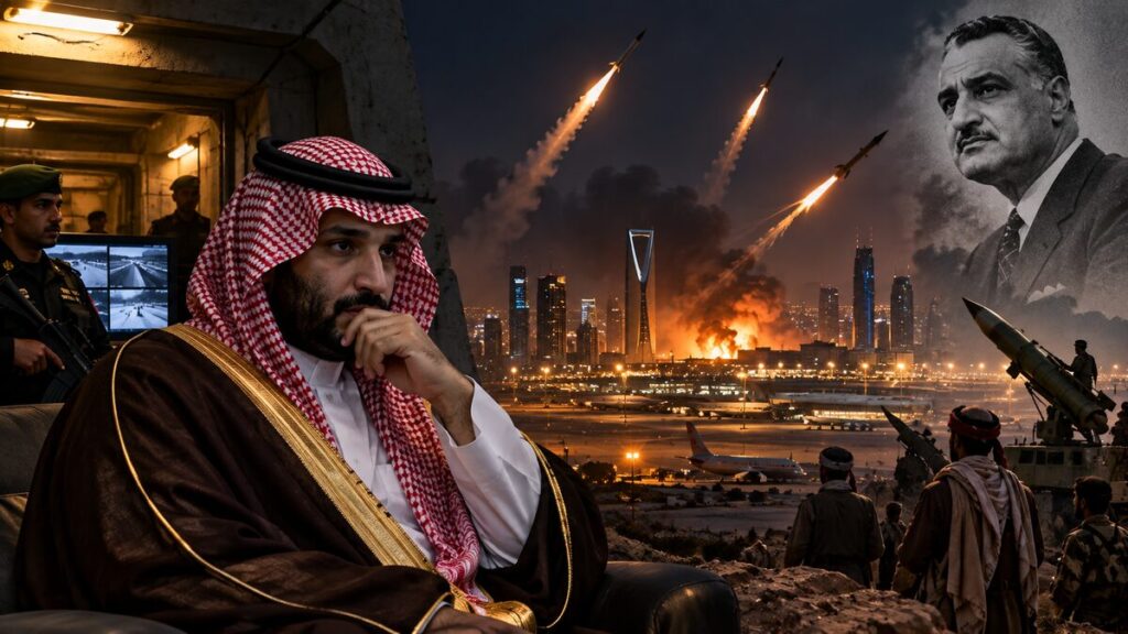 Saudi Crown Prince bunker amid Houthi missile attacks on Riyadh, highlighting Saudi Arabia’s security challenges and the historical shadow of Egypt’s Yemen war.