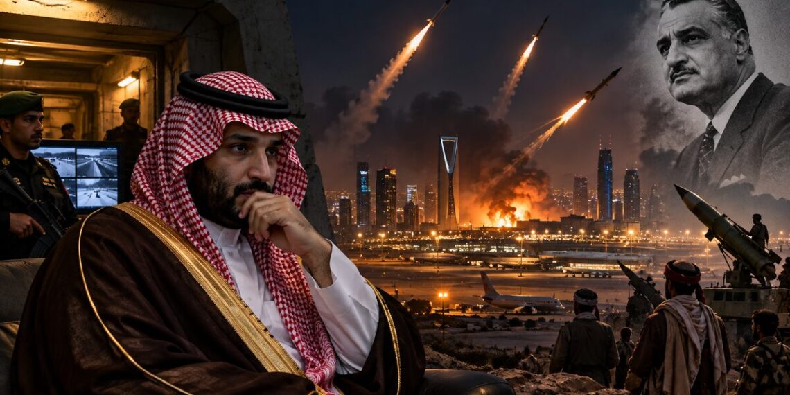 Saudi Crown Prince bunker amid Houthi missile attacks on Riyadh, highlighting Saudi Arabia’s security challenges and the historical shadow of Egypt’s Yemen war.