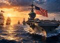 US Navy birthday marks 251 years of American sea power, with a modern aircraft carrier and naval fleet sailing alongside historic sailing ships at sunset.