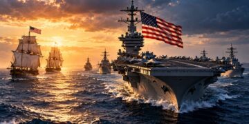 US Navy birthday marks 251 years of American sea power, with a modern aircraft carrier and naval fleet sailing alongside historic sailing ships at sunset.