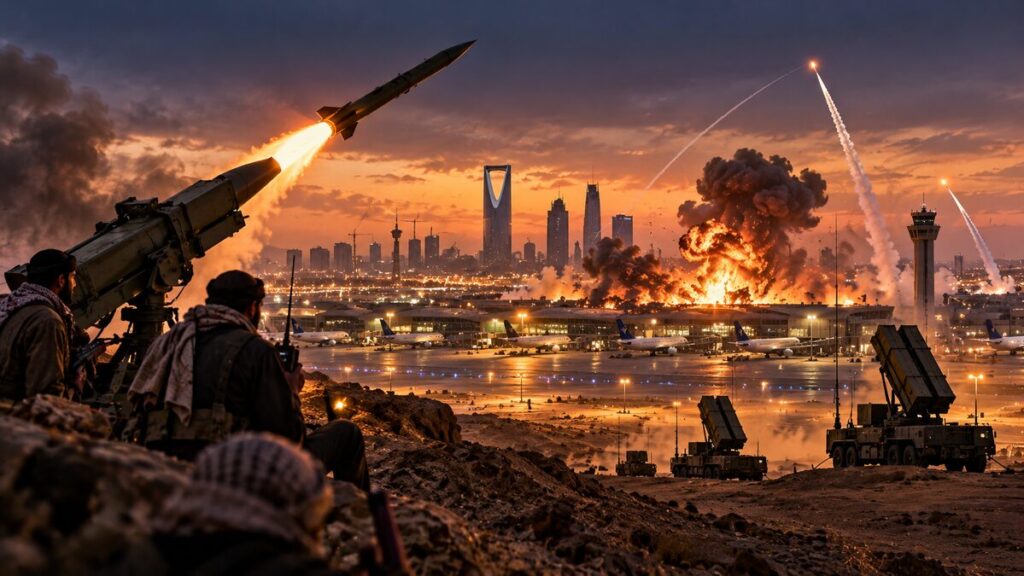 Houthis launch missiles towards a Saudi city as air defence systems attempt to intercept incoming projectiles.