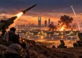 Houthis launch missiles towards a Saudi city as air defence systems attempt to intercept incoming projectiles.