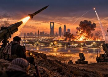 Houthis launch missiles towards a Saudi city as air defence systems attempt to intercept incoming projectiles.