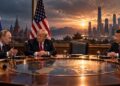 Putin-Trump-Xi summit on Ukraine peace talks, with the three leaders seated at a diplomatic table and an empty chair symbolising Ukraine’s exclusion from negotiations.