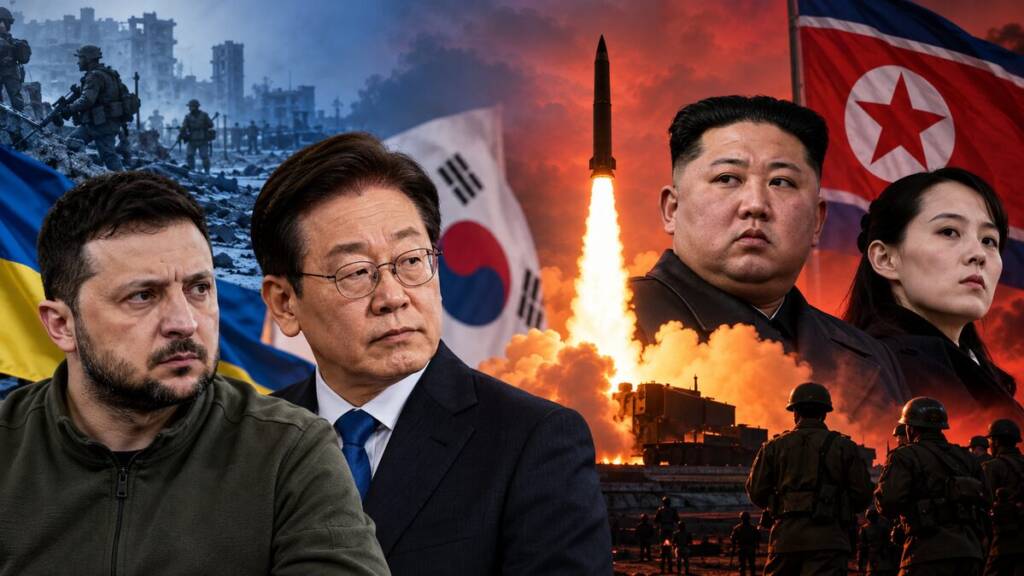 Ukraine South Korea row depicted through a dramatic geopolitical scene featuring Ukrainian and South Korean leaders, North Korean leaders, and a missile launch amid rising regional tensions.