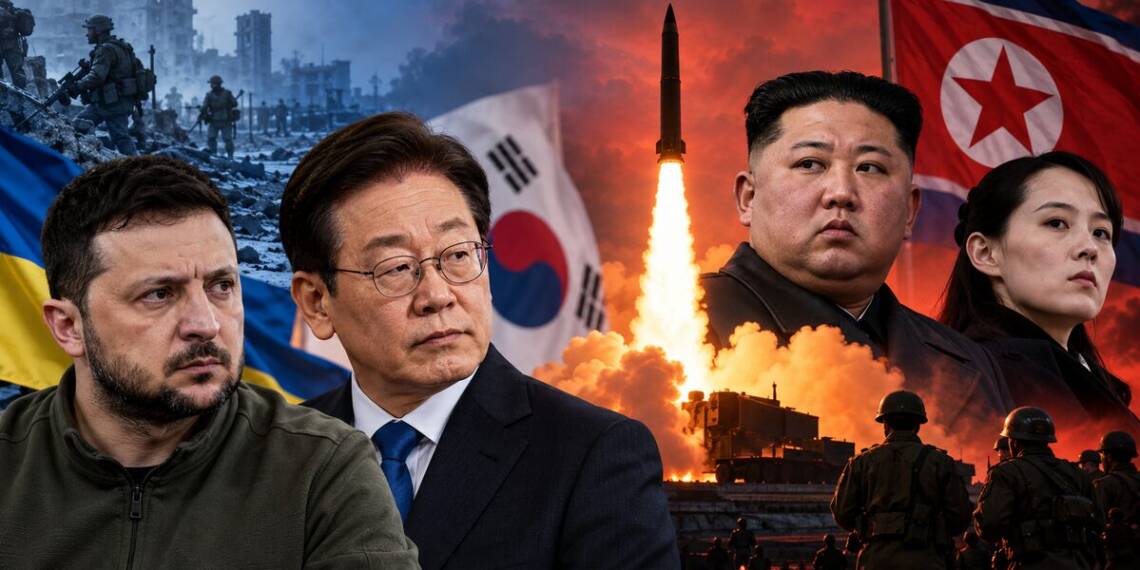 Ukraine South Korea row depicted through a dramatic geopolitical scene featuring Ukrainian and South Korean leaders, North Korean leaders, and a missile launch amid rising regional tensions.