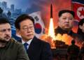 Ukraine South Korea row depicted through a dramatic geopolitical scene featuring Ukrainian and South Korean leaders, North Korean leaders, and a missile launch amid rising regional tensions.