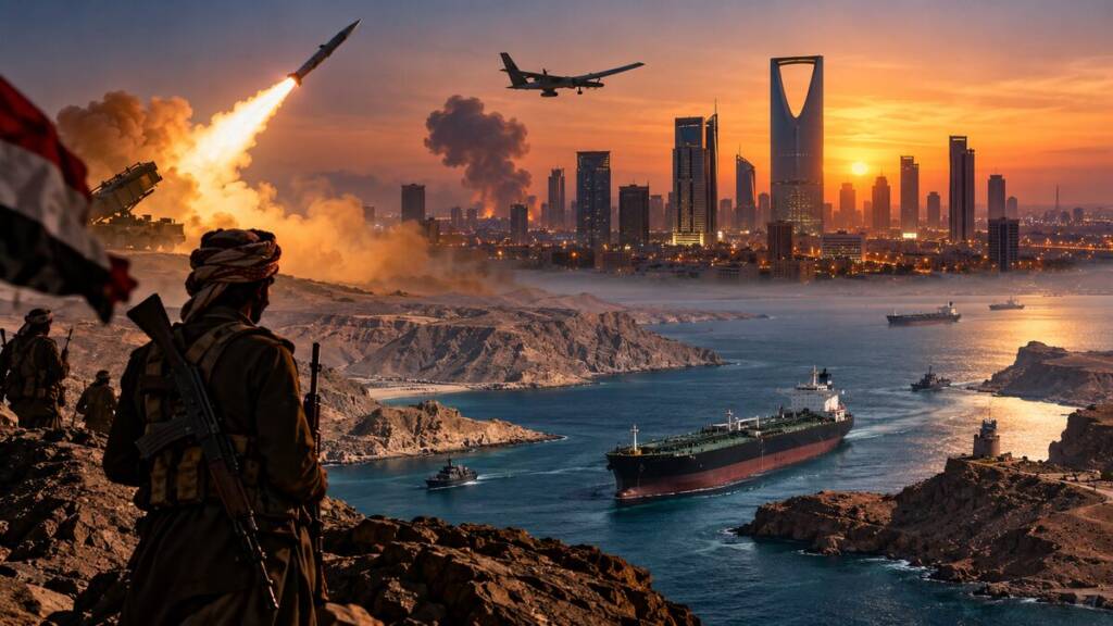 Saudi Houthi conflict depicted with a missile launch, drone, oil tanker traffic, and Riyadh skyline amid rising regional tensions.