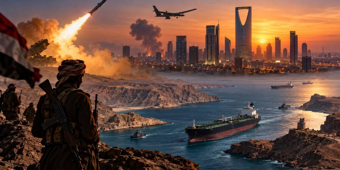 Saudi Houthi conflict depicted with a missile launch, drone, oil tanker traffic, and Riyadh skyline amid rising regional tensions.